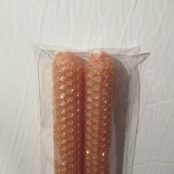 1 Pair, 8" Bees Wax Candles, Peach w/ Gold Glitter, Handmade, Organic - Picture 2 of 4